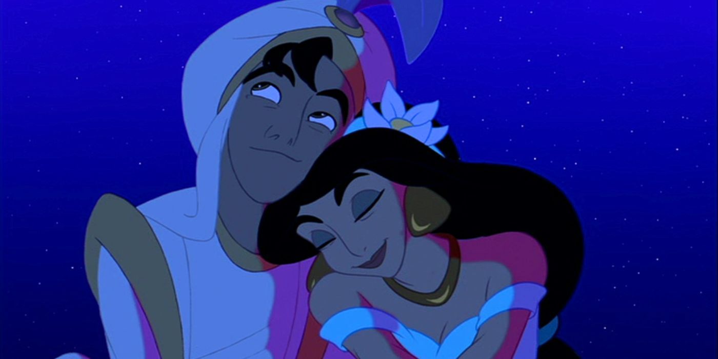 Jasmine resting her head on Aladdin's shoulder during fireworks in Aladdin