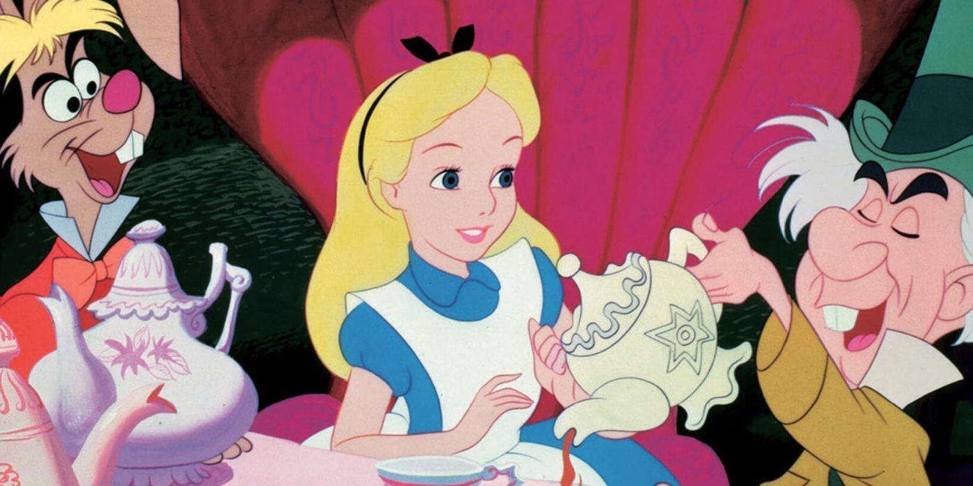 Alice having tea with the March Hare and Mad Hatter in Alice in Wonderland