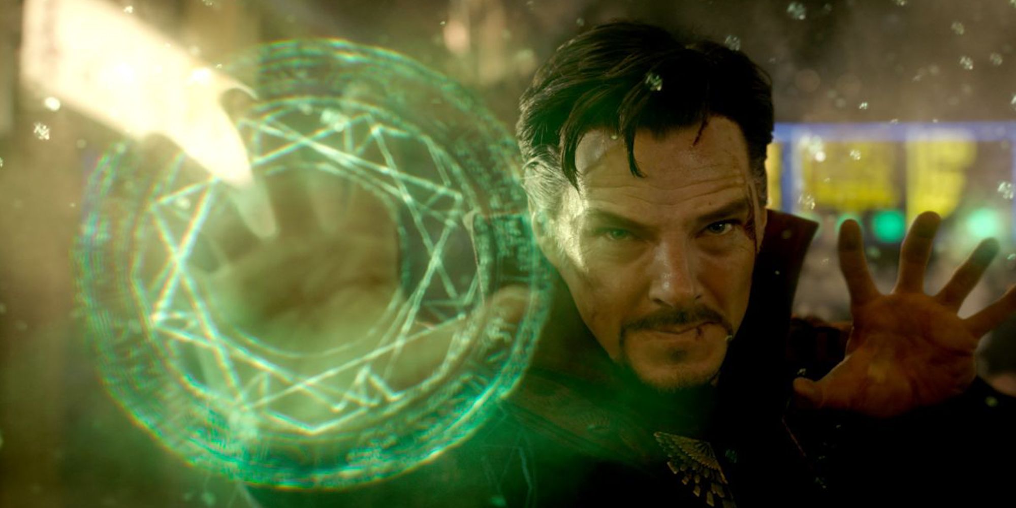 Benedict Cumberbatch as Doctor Strange casting a green spell