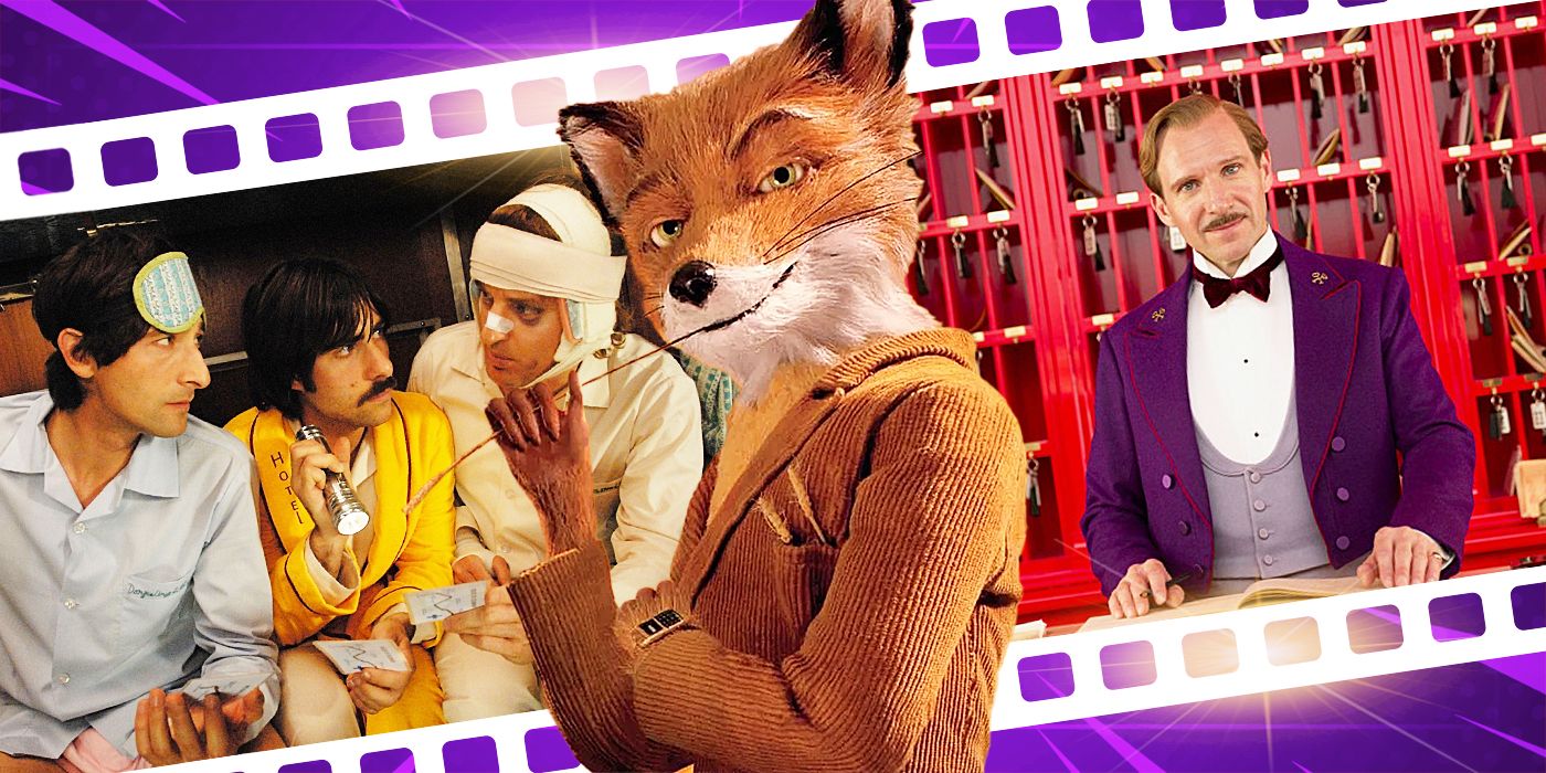 From L to R: Three young men sitting down in a train cabin, an stop motion anthropormorophic fox with a piece of straw in house mouth, a man in a purple suit at a hotel desk