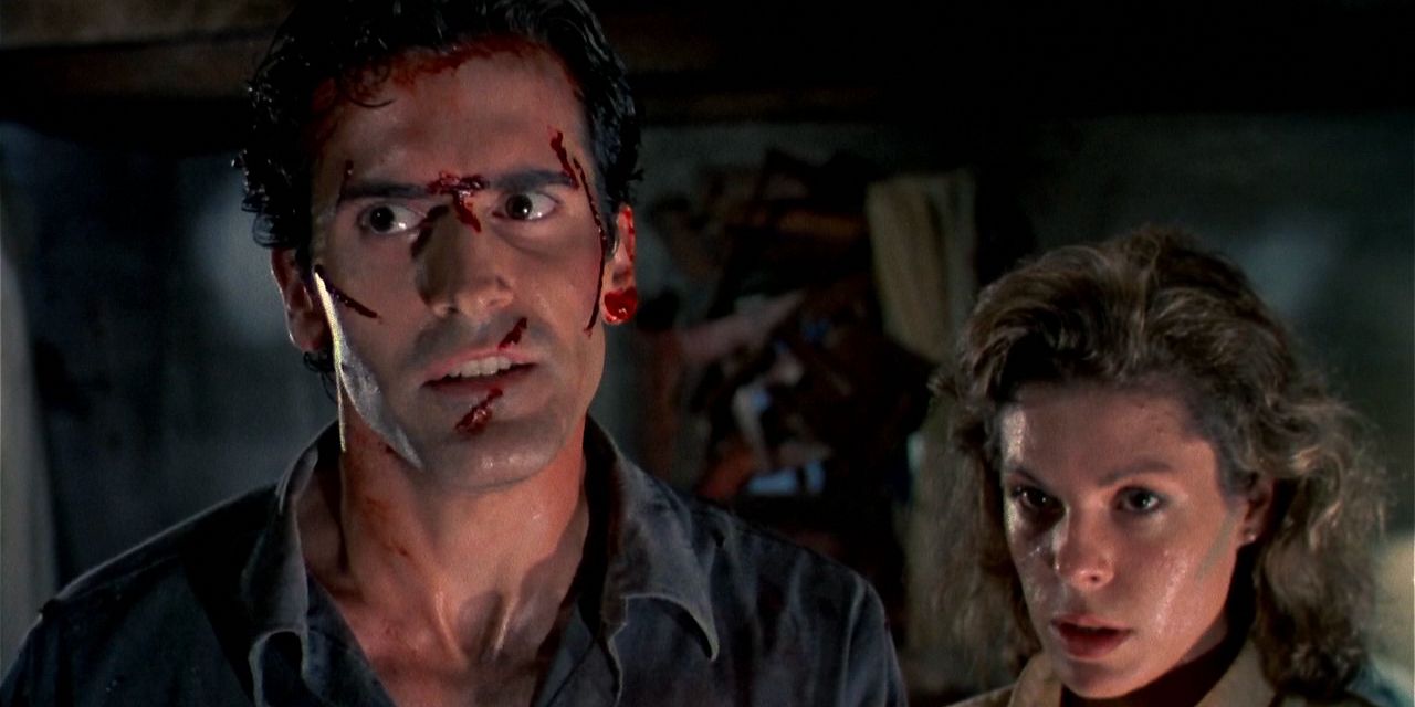 A bloodied Ash (Bruce Campbell) and a concerned Annie (Sarah Berry) in the cabin in 'Evil Dead'