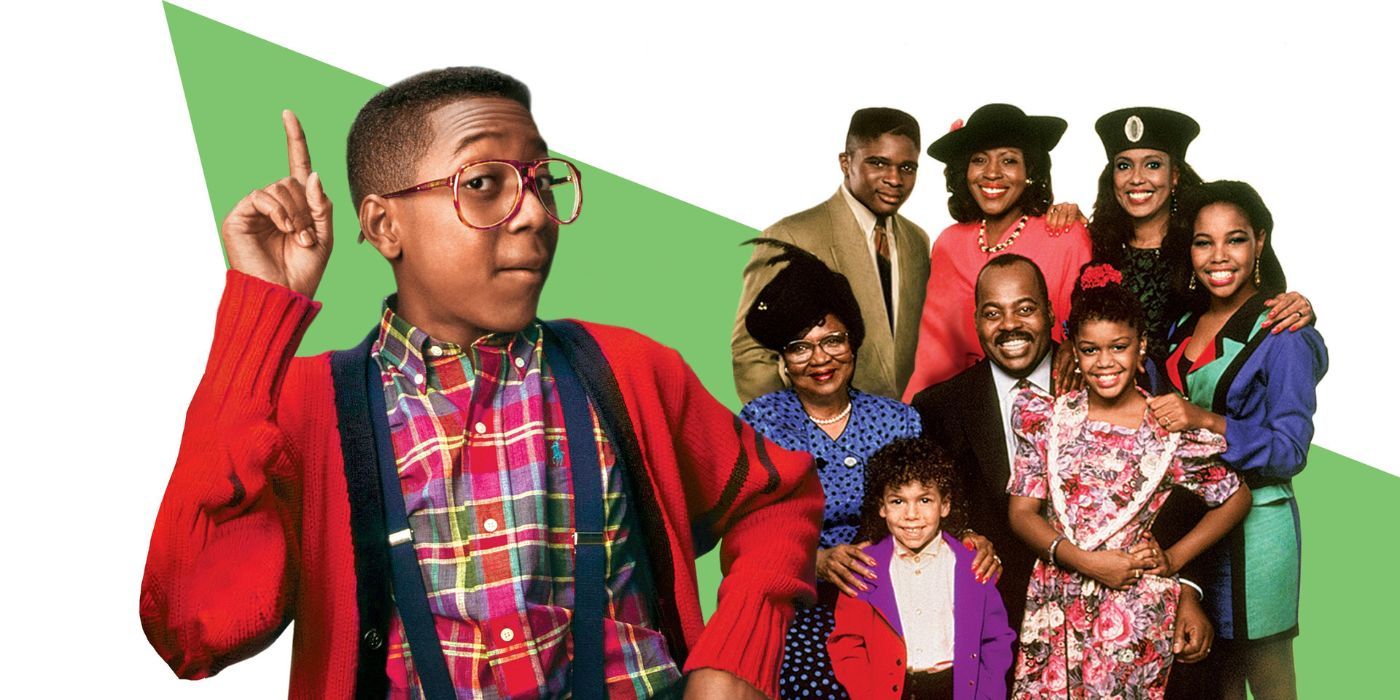 The cast of Family Matters with Jaleel White's Steve Urkel in the front