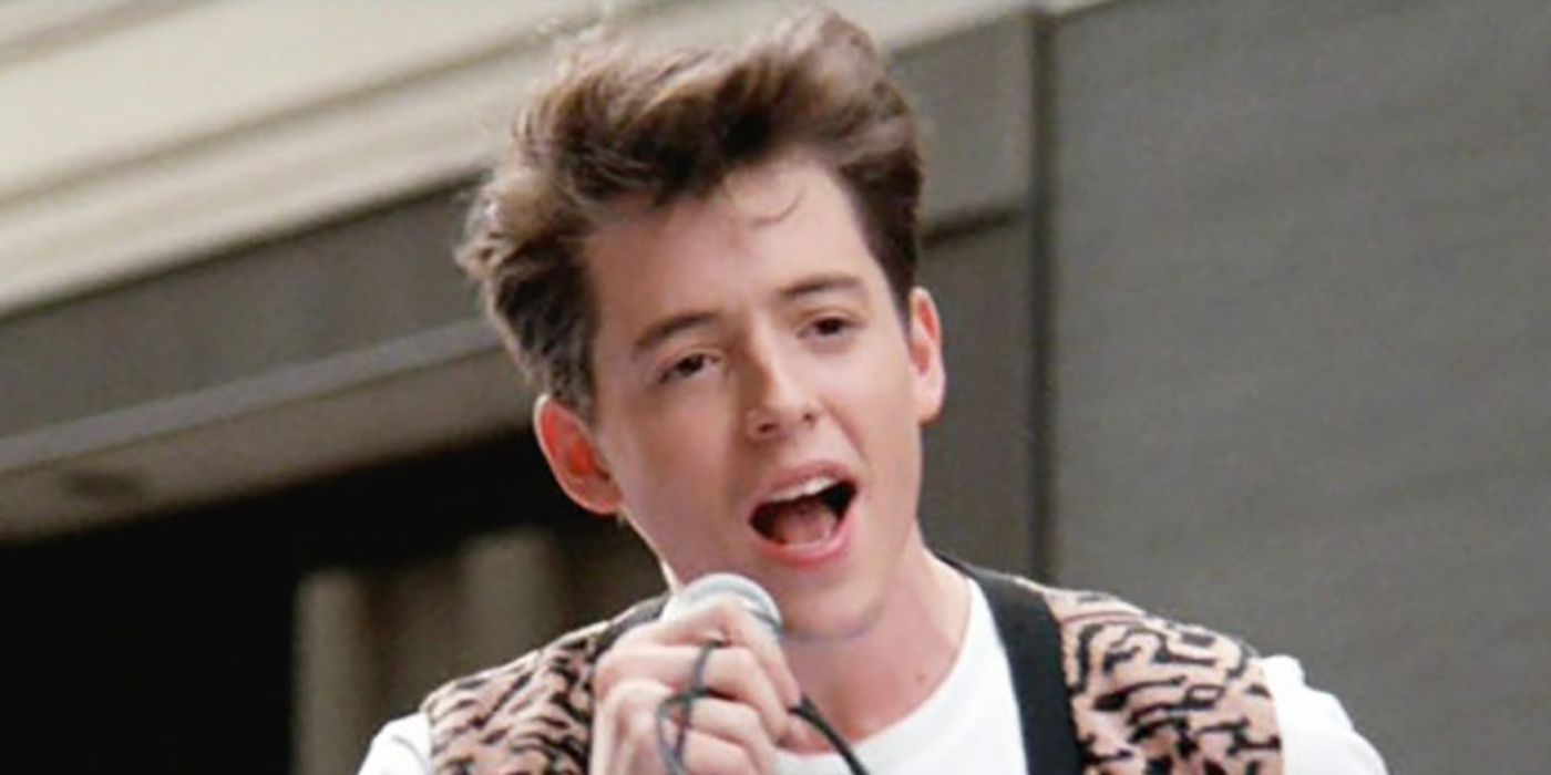 A close up of Matthew Broderick as Ferris Bueller singing into a mic in Ferris Bueller's Day Off