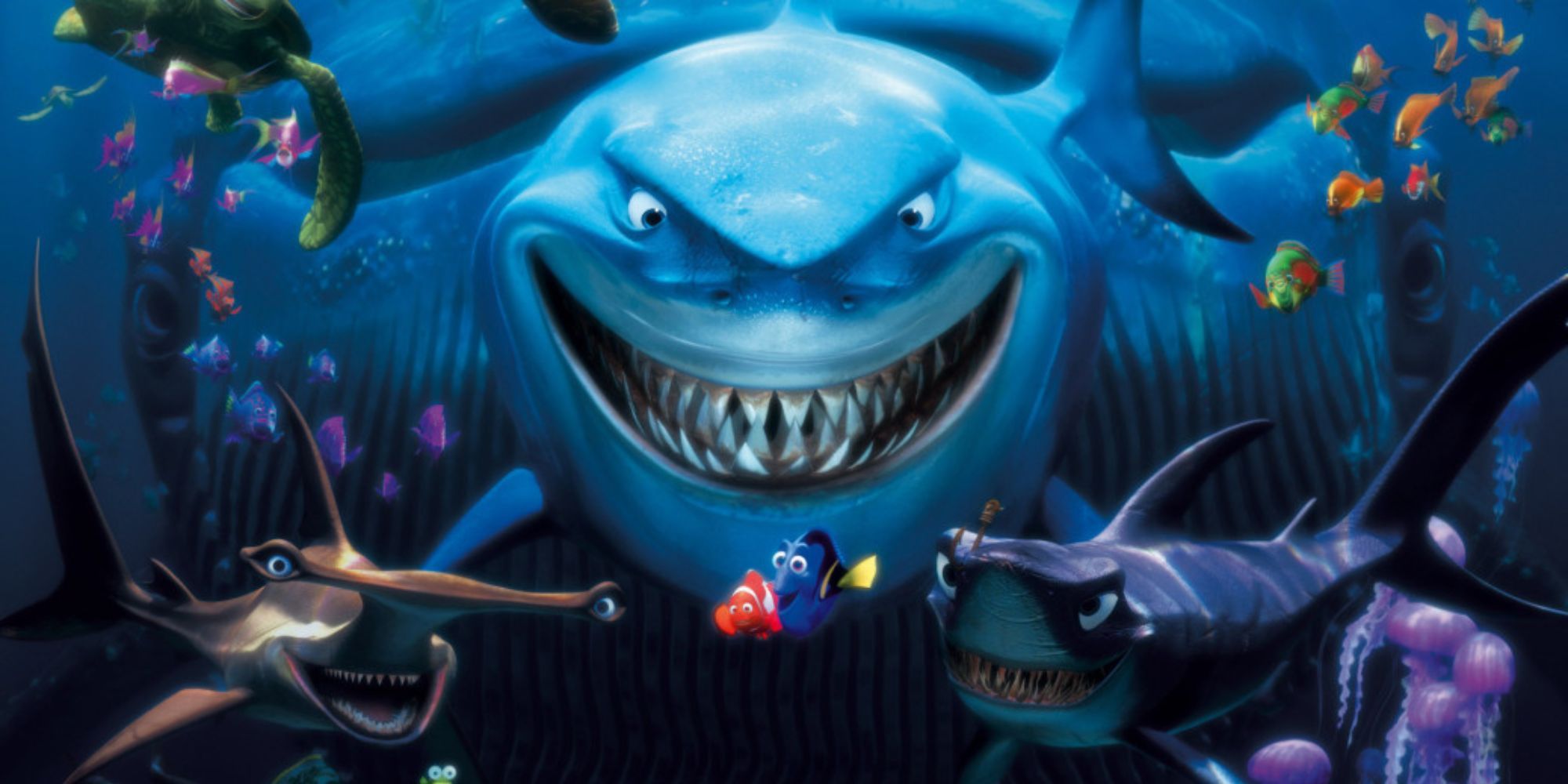 Marlin and Dory encounter Bruce the shark in Finding Nemo.