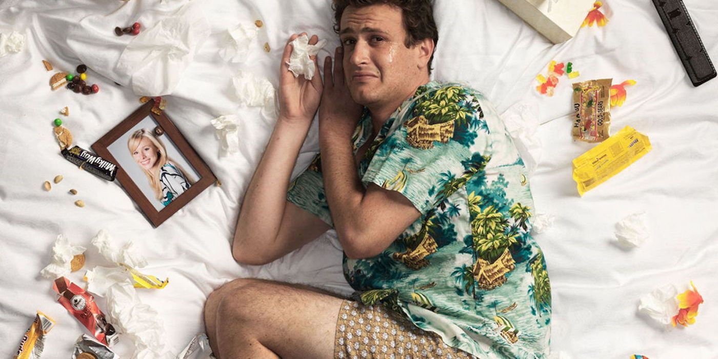 Jason Segel as Peter crying in bed on a cropped Forgetting Sarah Marshall poster