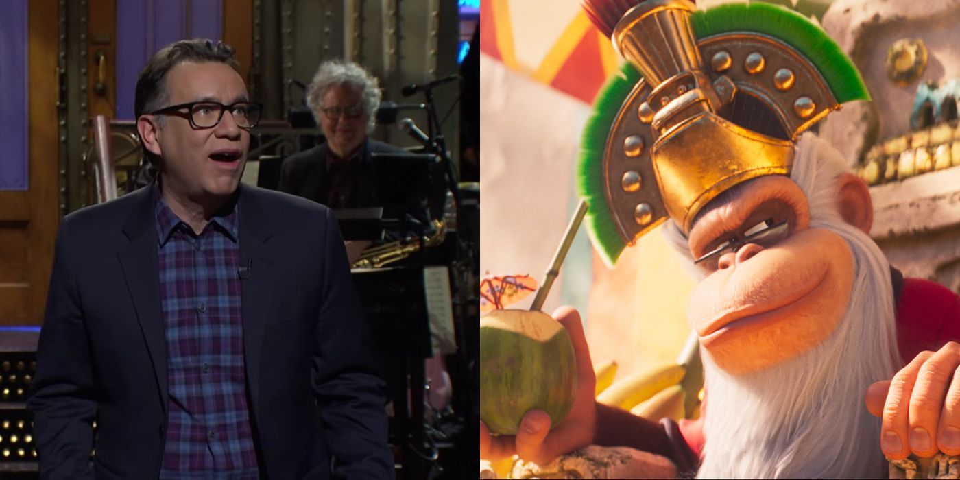 Fred Armisen on Saturday Night Live side-by-side with his character Cranky Kong in The Super Mario Bros Movie