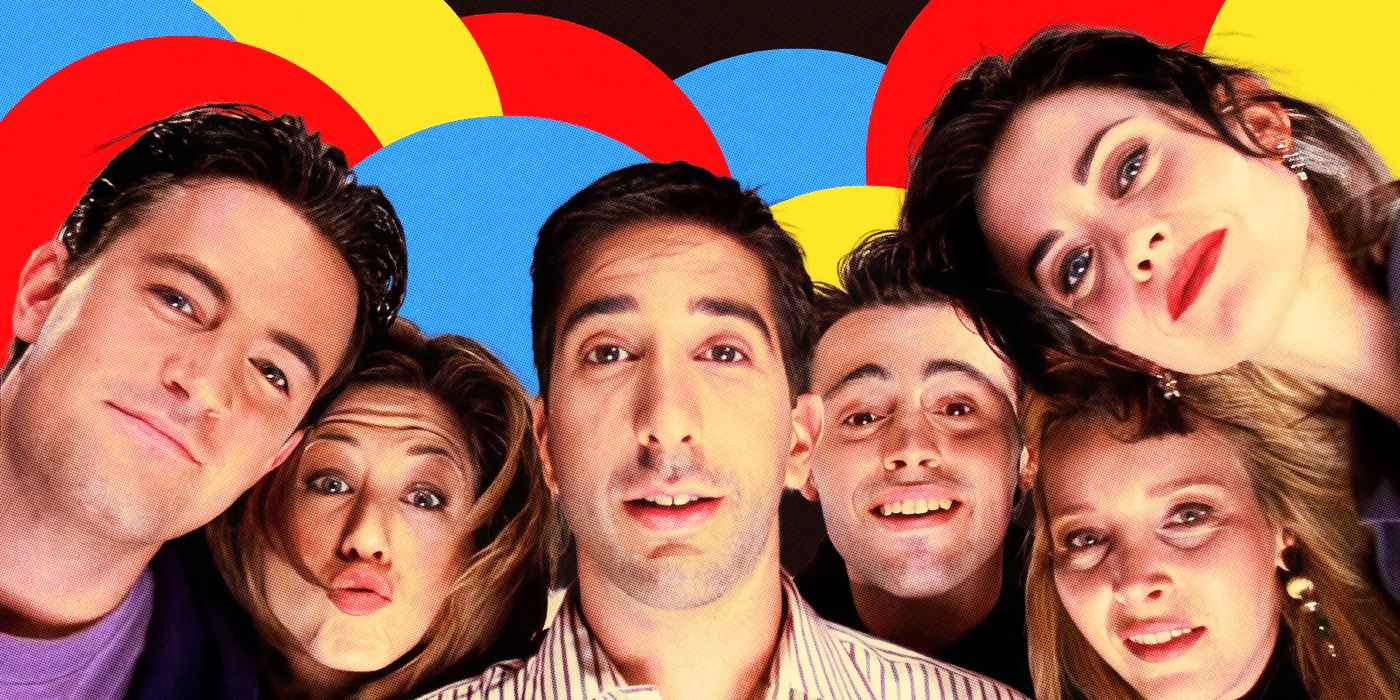 Jennifer Aniston, Courteney Cox, Lisa Kudrow, Matt LeBlanc, Matthew Perry, and David Schwimmer in Friends looking down at a baby with a colorful background behind them