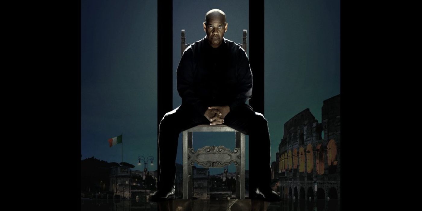 Denzel Washington as Robert McCall, sitting down on a chair, in the poster for The Equalizer 3