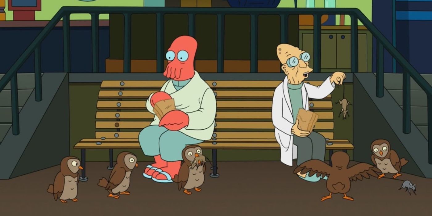 Professor Farnsworth and Zoidberg feeding owls at Planet Express