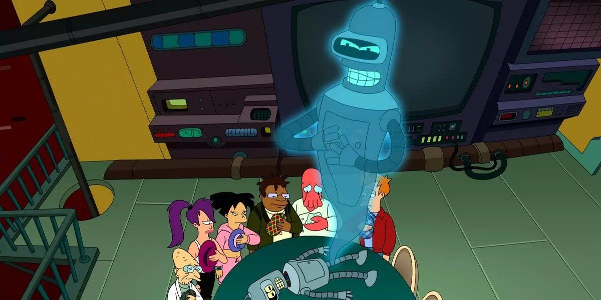 A still from the episode &ldquo;Ghost in the Machines&rdquo; featuring the ghost of Bender emerging from his body as the rest of the Planet Express crew mourn his demise.
