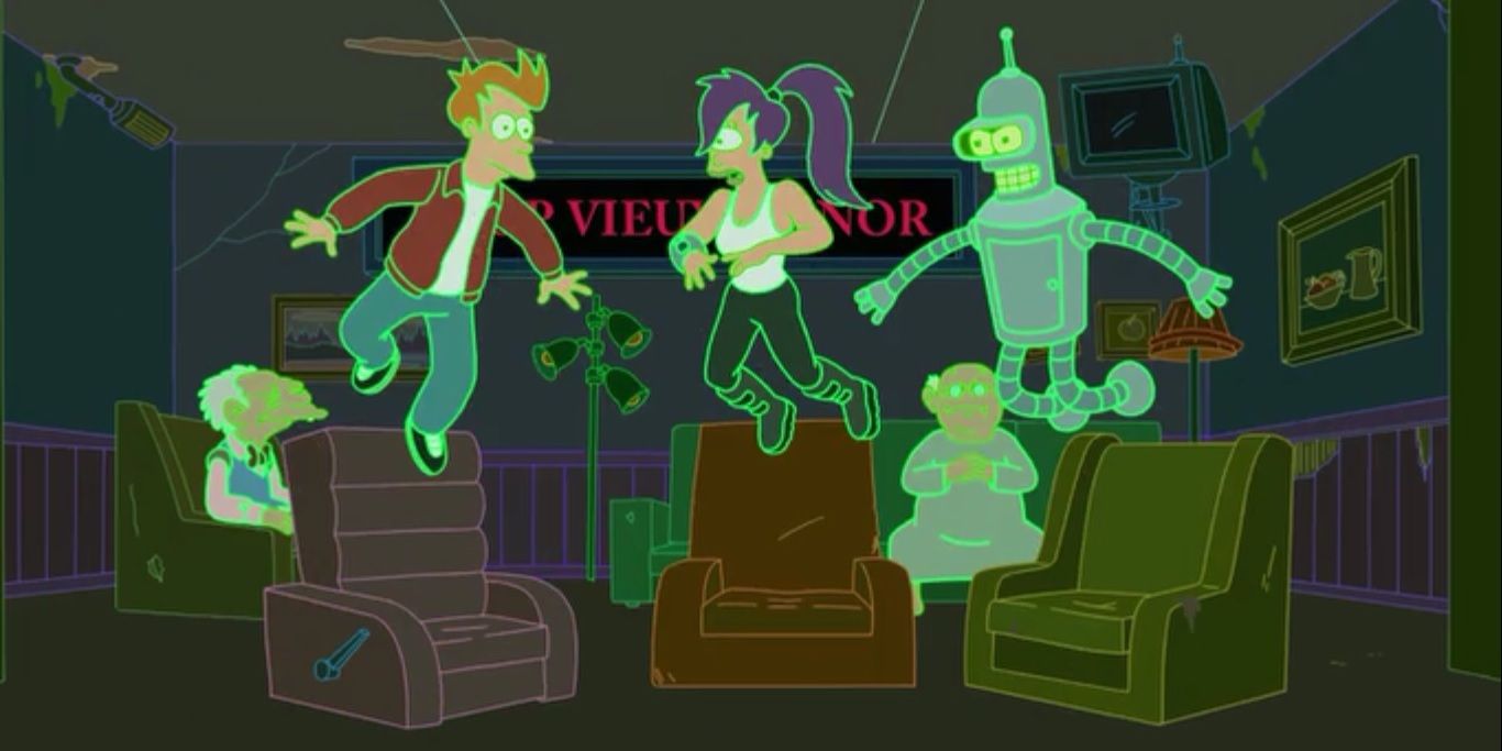A still from the Futurama episode &ldquo;Near-Death Wish&rdquo; where Fry, Leela, and Bender are floating in a retirement home found inside the matrix.