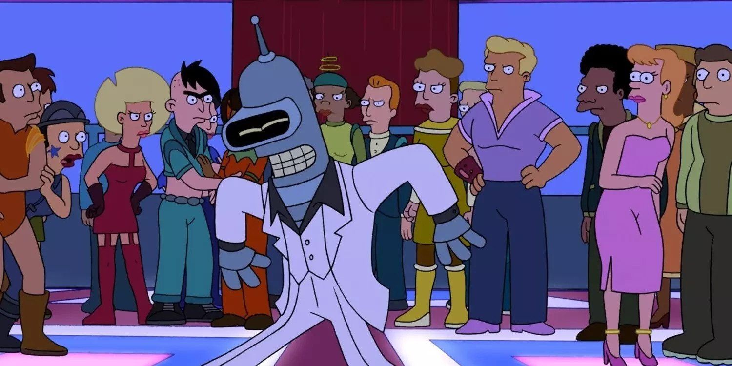 A still from the Futurama episode &ldquo;Rebirth&rdquo; featuring Bender in a disco outfit dancing on the dance floor surrounded by people looking on in anger and disappointment at him.