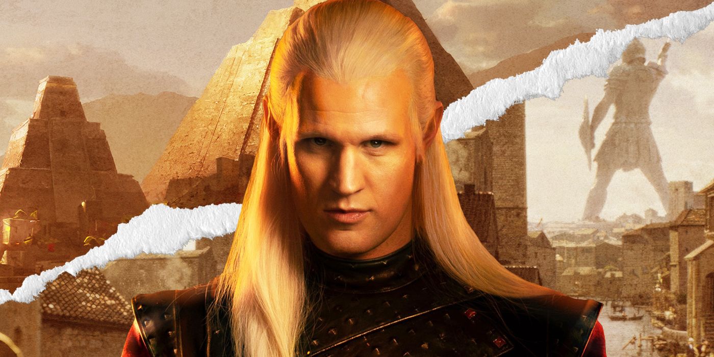 Matt Smith as Daemon Targaryen with a background image of Braavos and Mereen