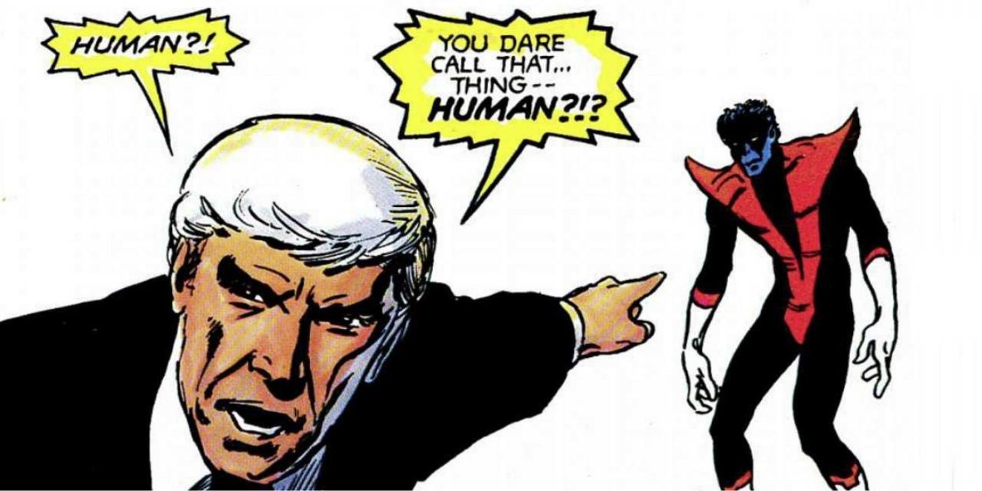 William Stryker pointing at Nightcrawler and angrily asking how someone could call him a human in Marvel's X-Men: God Loves, Man Kills graphic novel