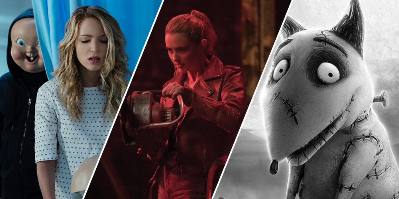 Split image showing characters from Happy Death Day, Freaky, and Frankenweenie