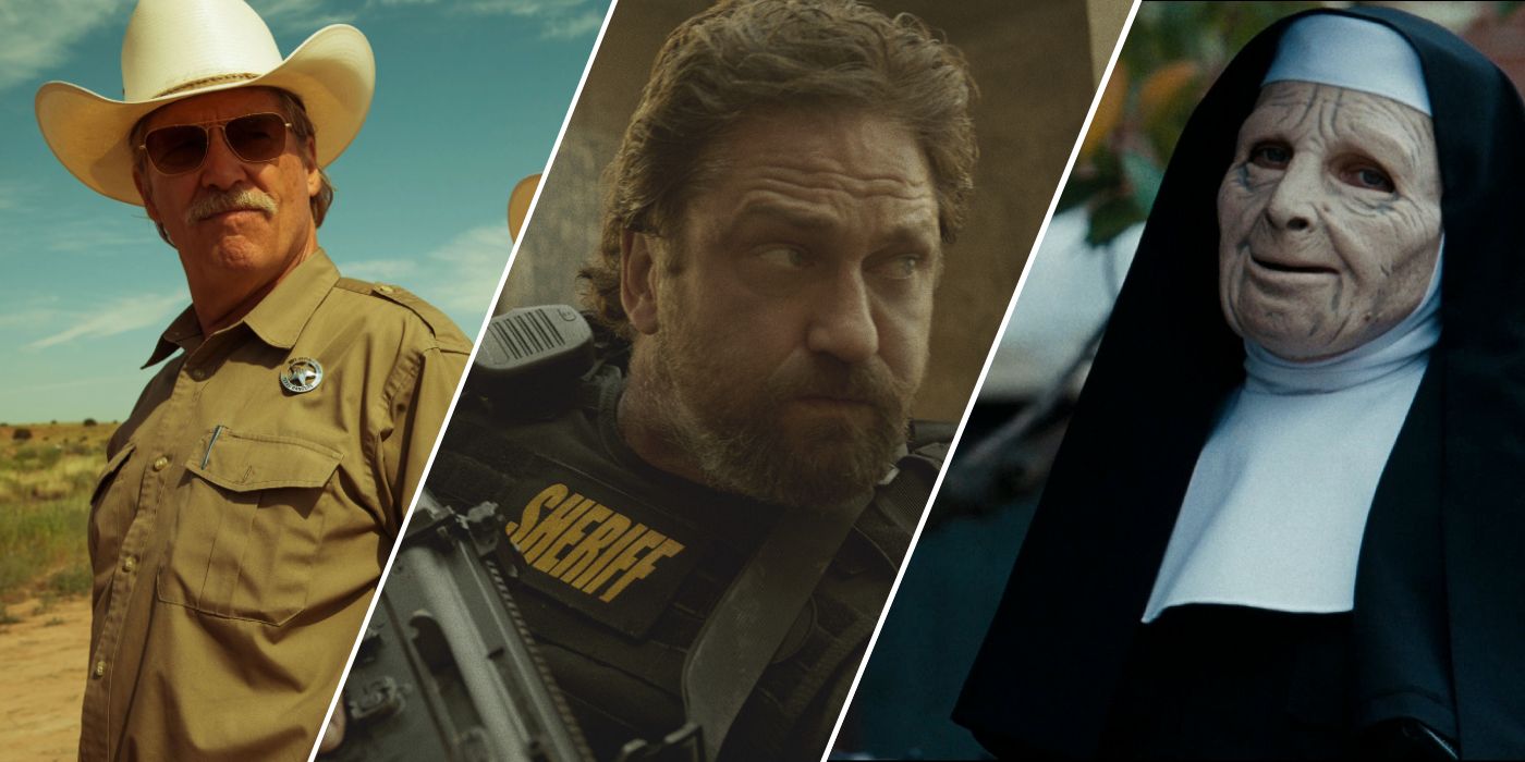 Jeff Bridges staring to his left in Hell or High Water, Gerard Butler takes cover in Den of Thieves, and a bank-robbing man in a nun costume in The Town. 