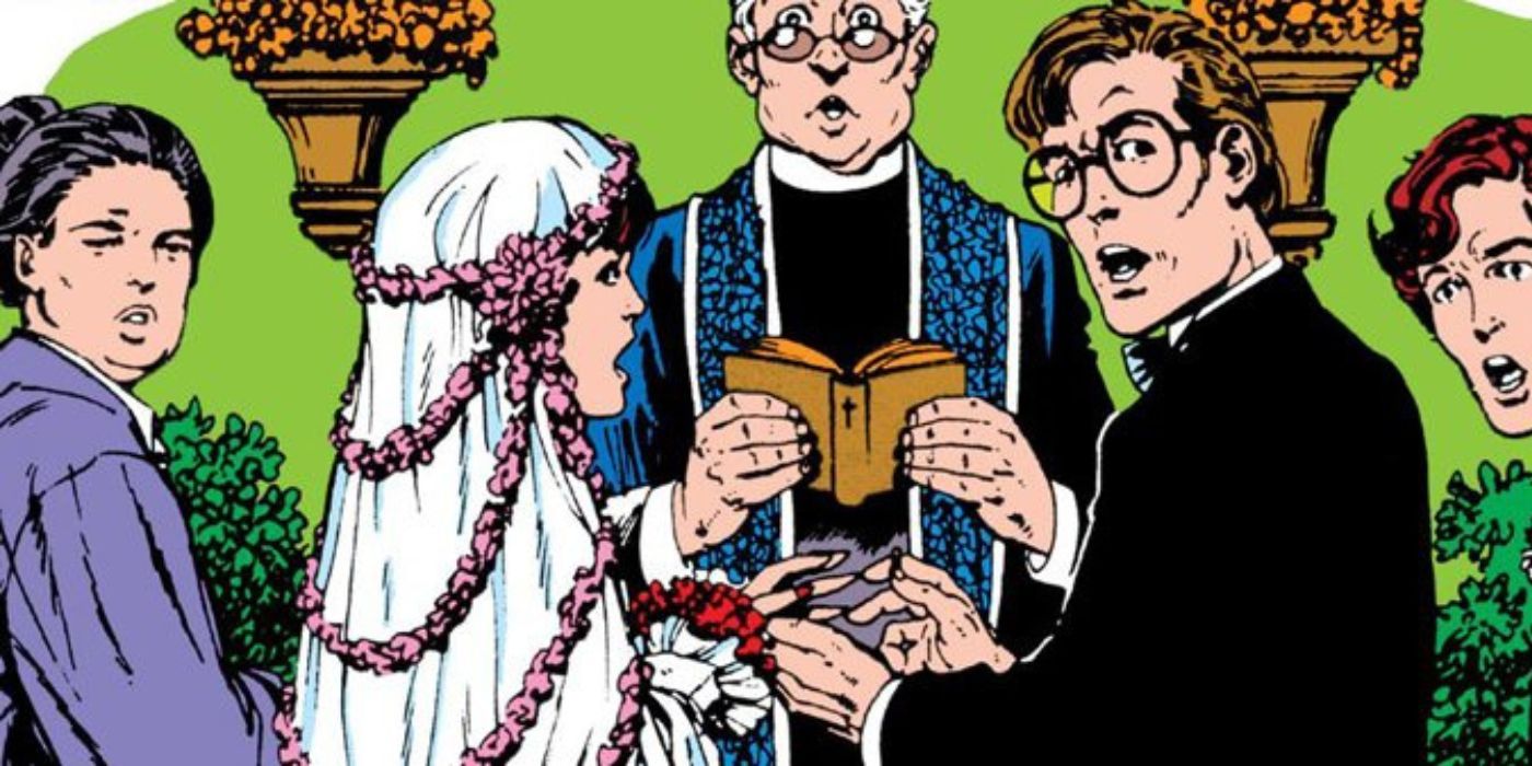 Bruce Banner and Betty Ross at the altar with shocked looks on their faces in the wedding issue of The Incredible Hulk comic