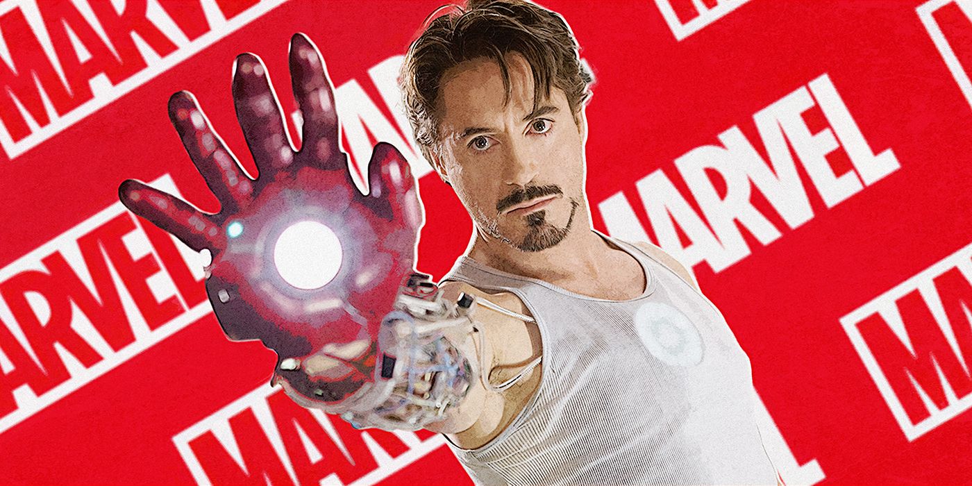 Custom image of Robert Downey Jr. in the original Iron Man in front of several Marvel logos on a red background