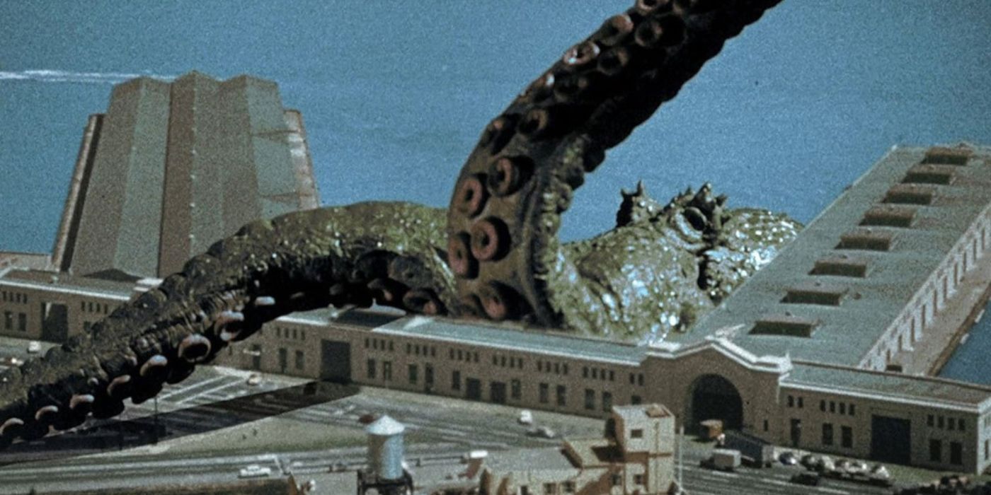 A giant octopus-like monster destroys a city in It Came from Beneath the Sea