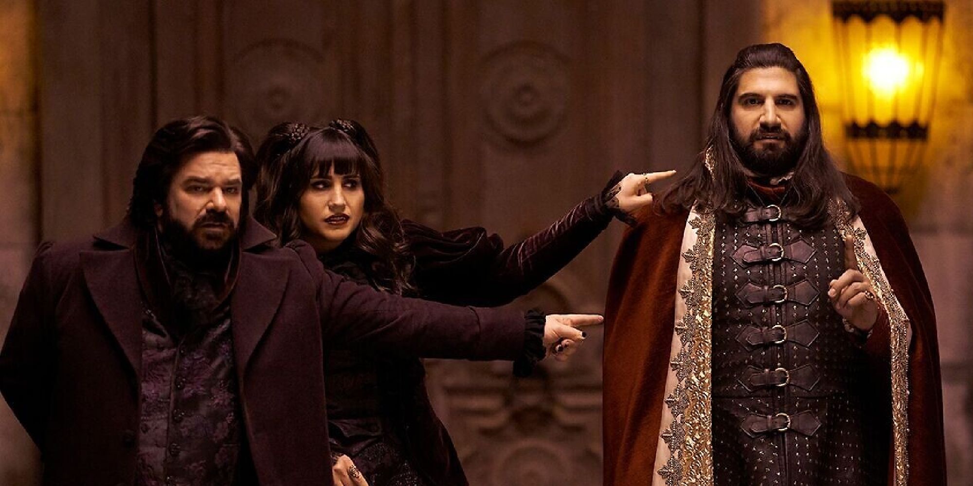 Kayvan Novak, Matt Berry, and Natasia Demetriou in What We Do in the Shadows