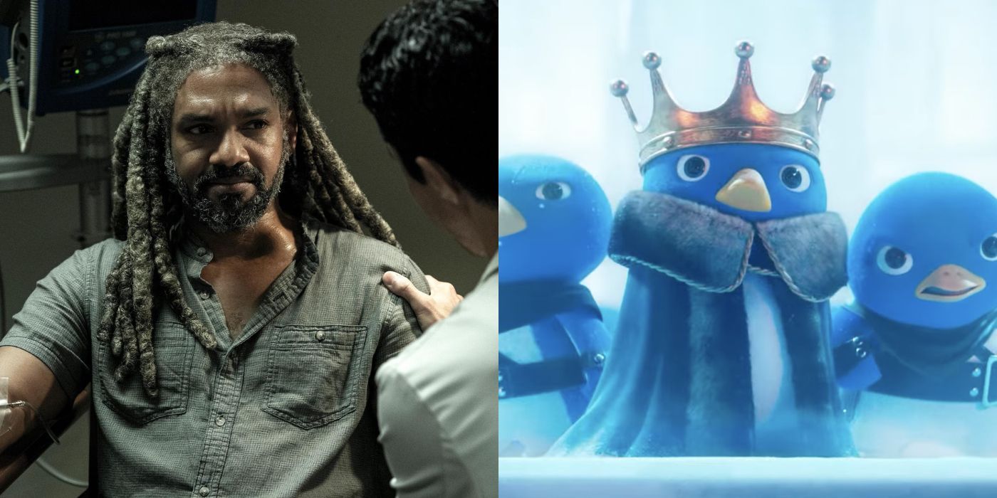 Khary Payton in The Walking Dead side-by-side with his Penguin King character from The Super Mario Bros Movie