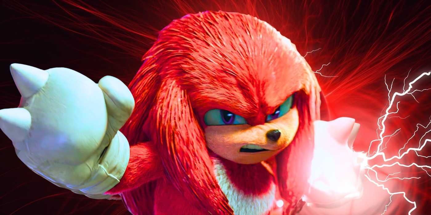 Knuckles poses and snarls in front of lightning bolts in Sonic the Hedgehog