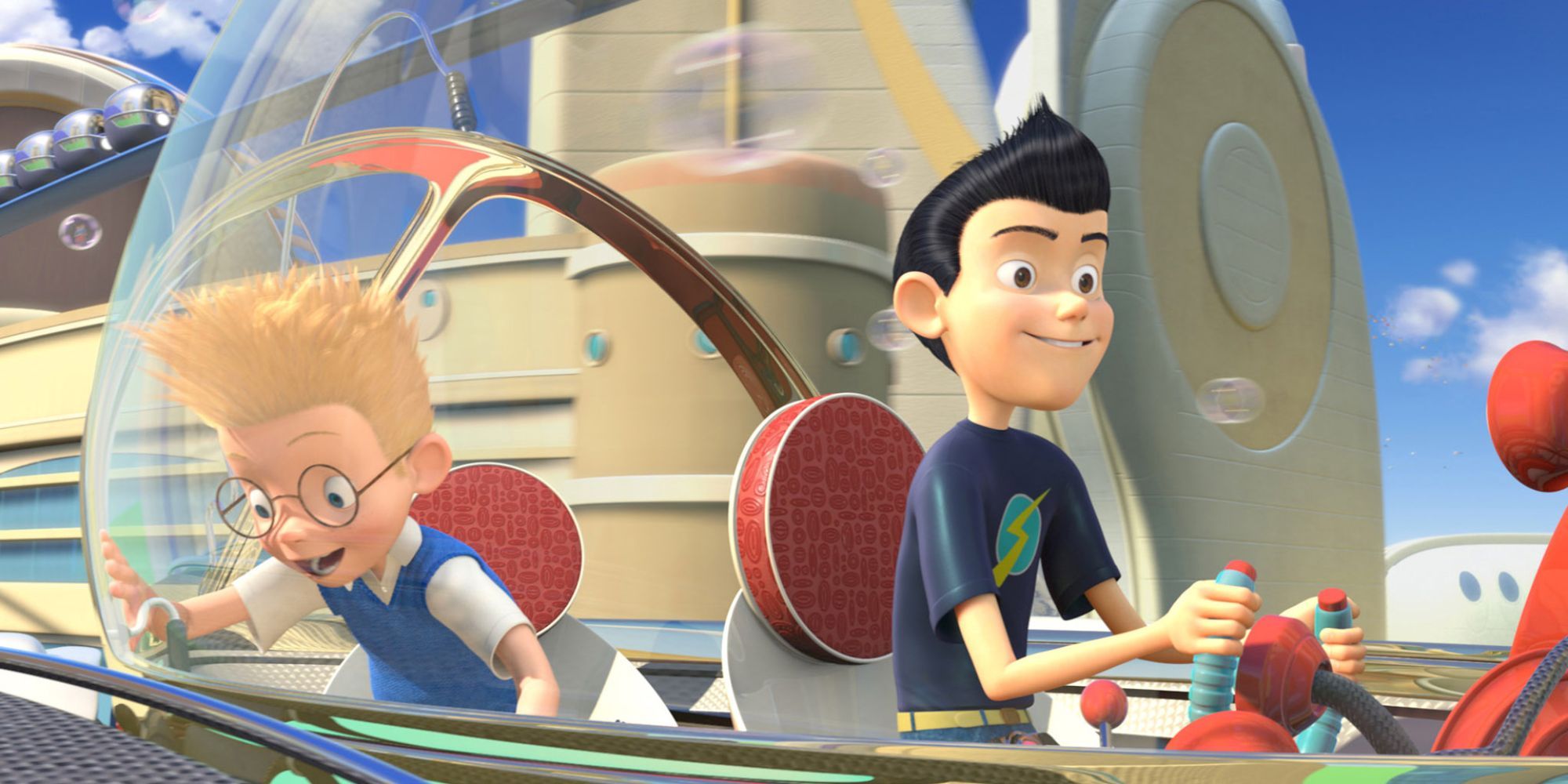 Lewis and Wilbur Robinson fly in a spaceship in Meet the Robinsons (2007)