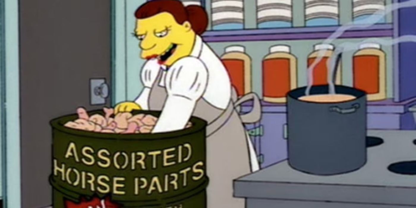 Doris, la cantinière, manipule de la viande de cheval dans Les Simpson.