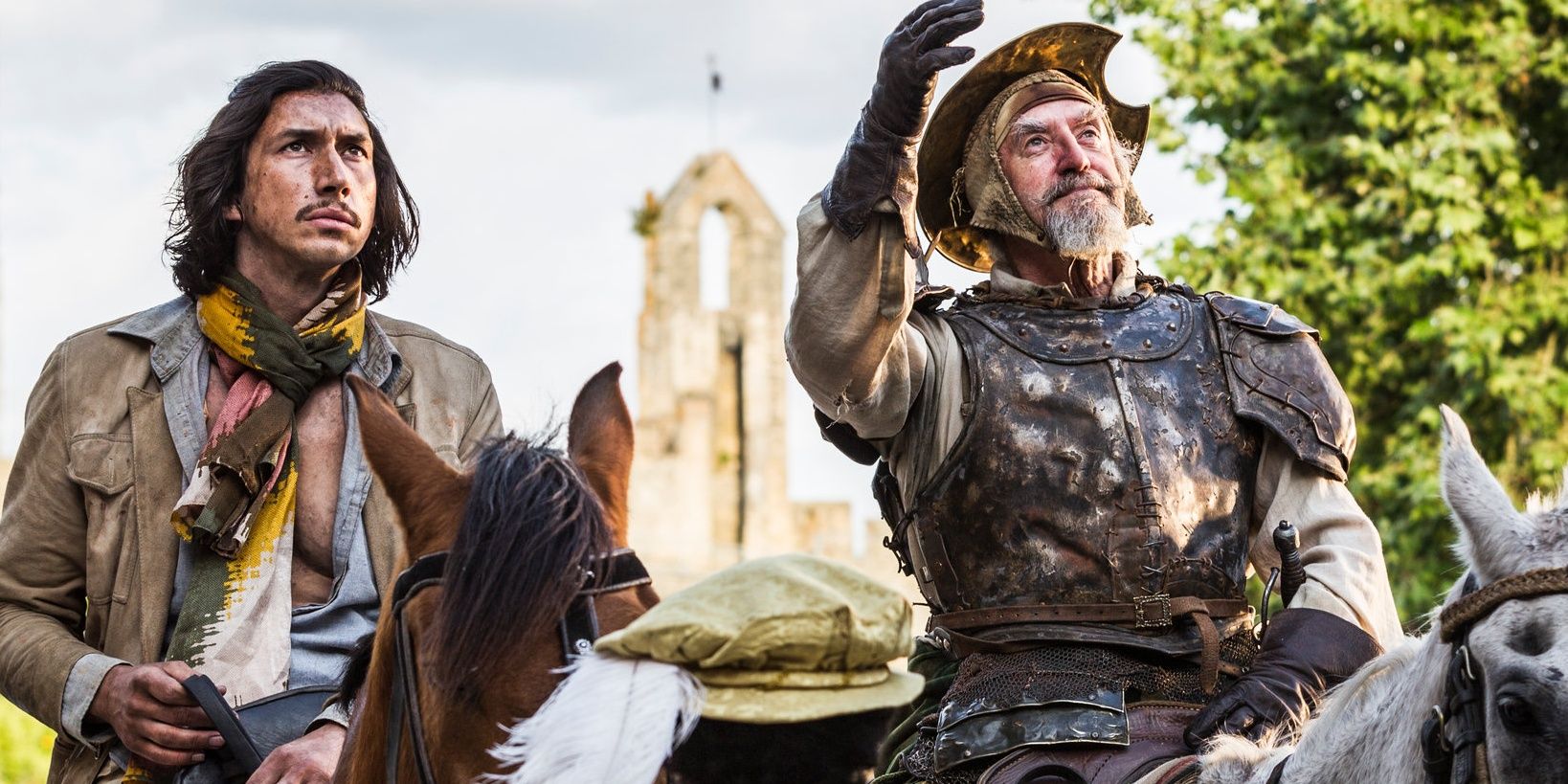 Adam Driver and Jonathan Pryce atop horses in The Man Who Killed Don Quixote