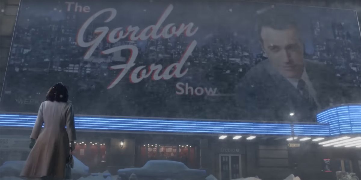 Midge looking at The Gordon Ford Show billboard in The Marvelous Mrs. Maisel