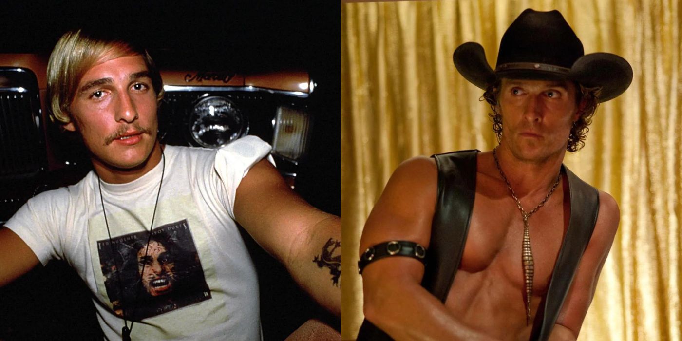 Matthew McConaughey in Dazed & Confused side-by-side with himself in Magic Mike 