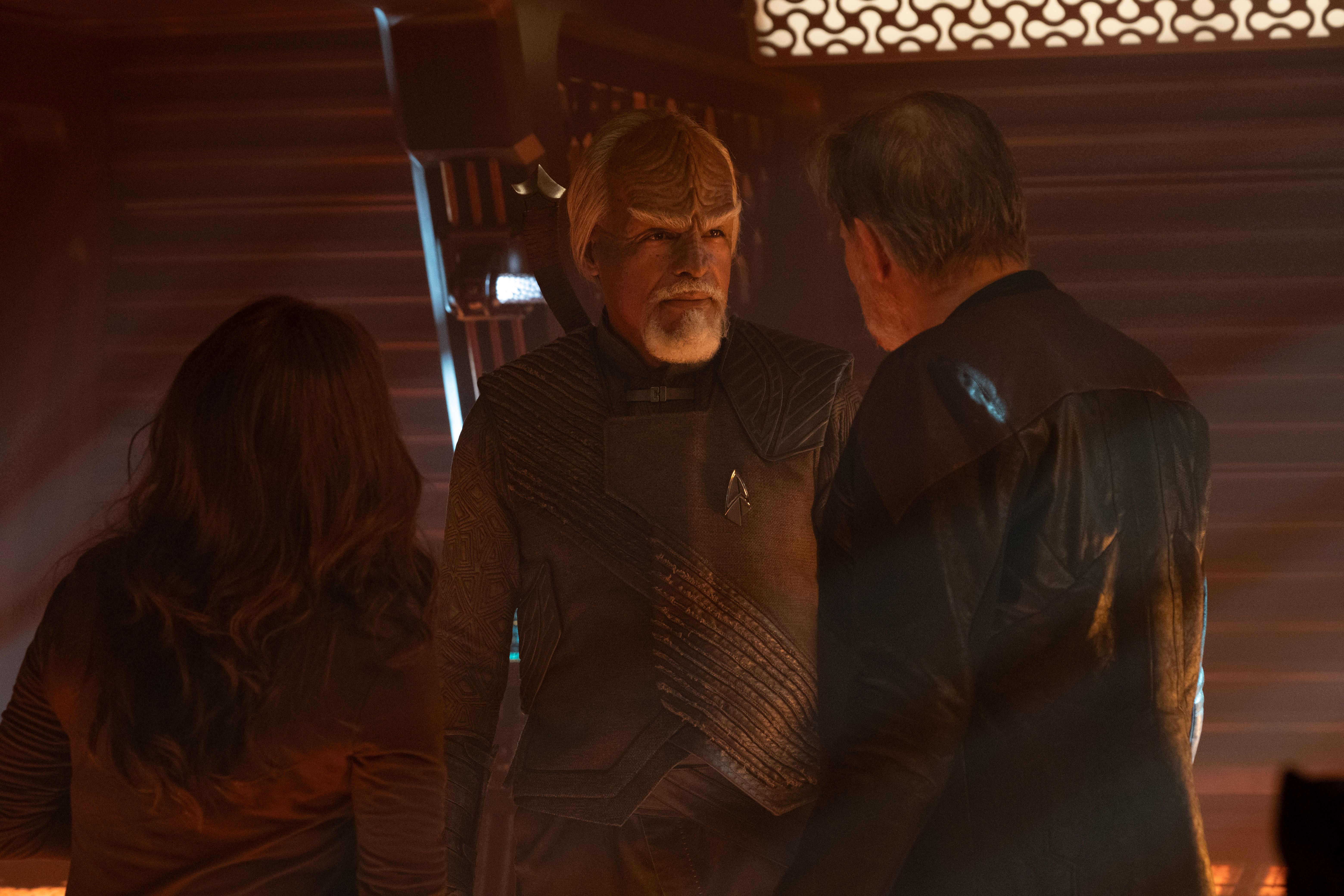 Michael Dorn as Worf Marina Sirtis as Deanna Troi and Jonathan Frakes as Will Riker in Star Trek Picard Season 3 Episode 8
