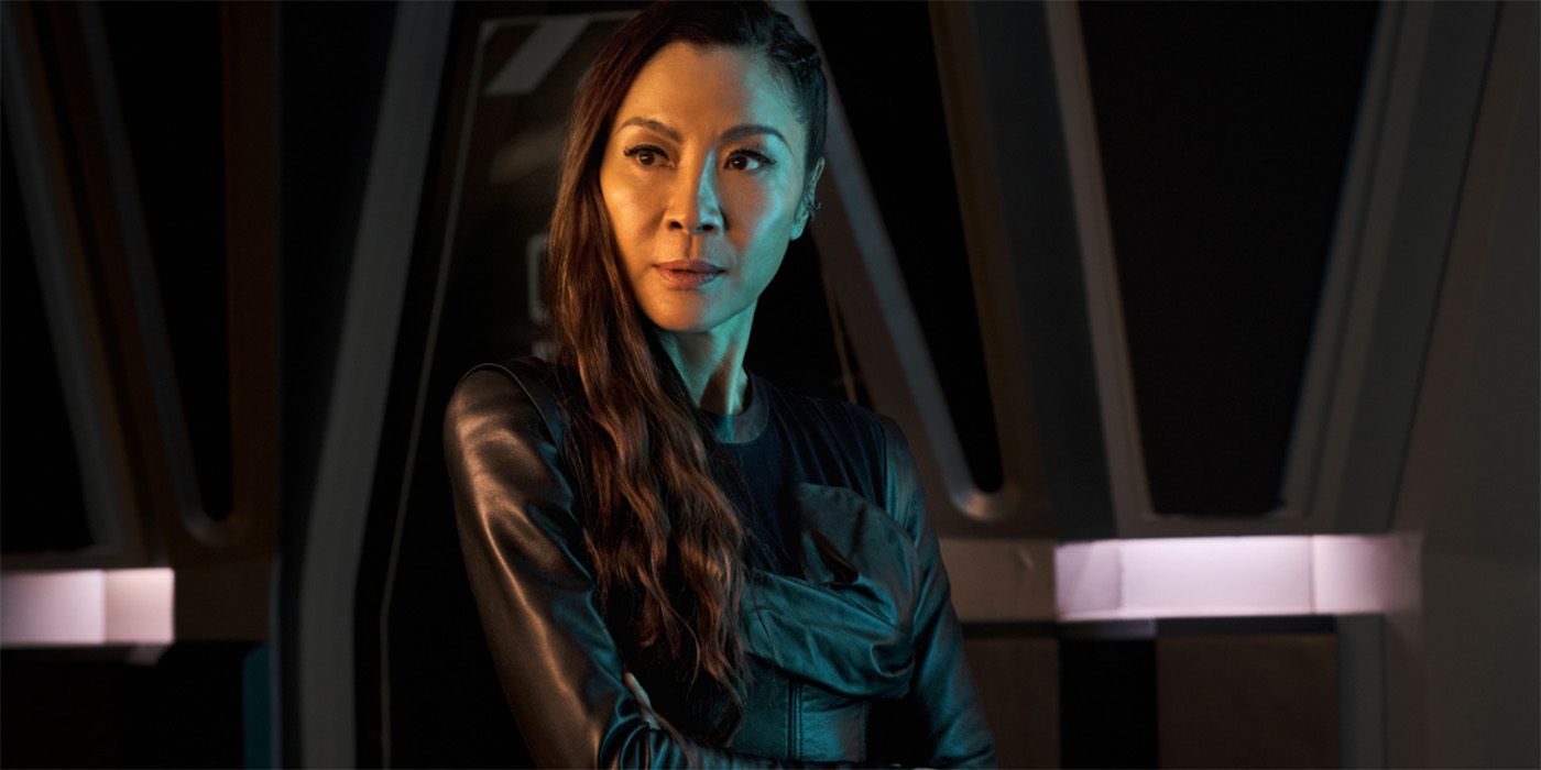 Michelle Yeoh as Philippa Georgiou wearing a black jacket in Star Trek Discovery