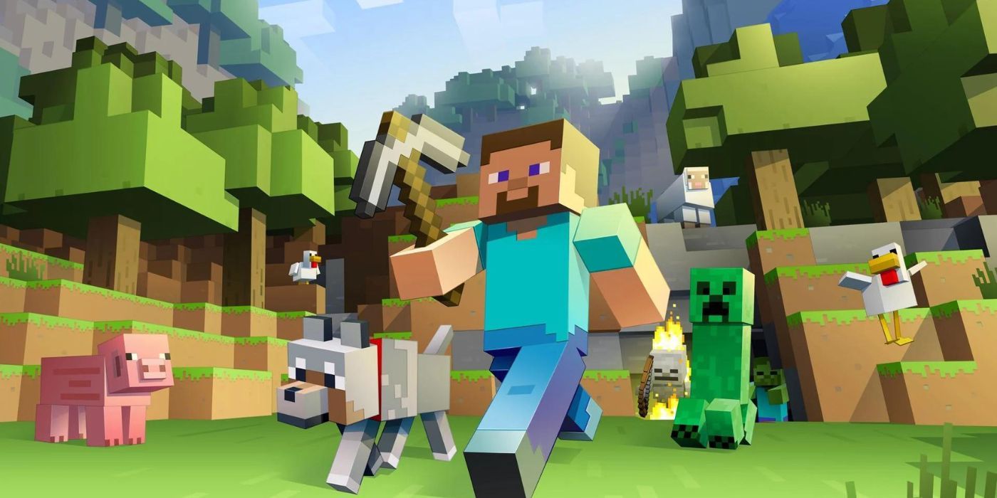 Steve from Minecraft holding an iron pickaxe while being followed by mobs