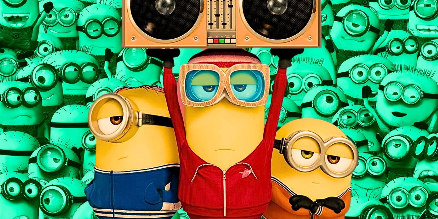 A custom image of a minion holding up a boombox, surrounded by other minions
