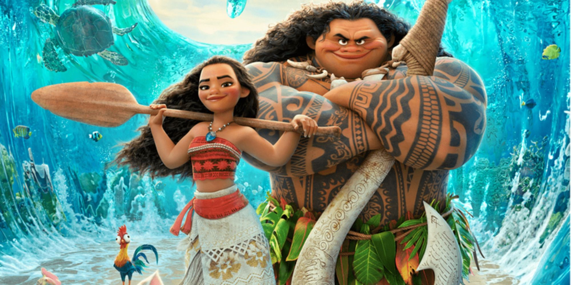 Moana (Auli'i Cravalho) and Maui (Dwayne Johnson) stand on a beach in Moana (2016)