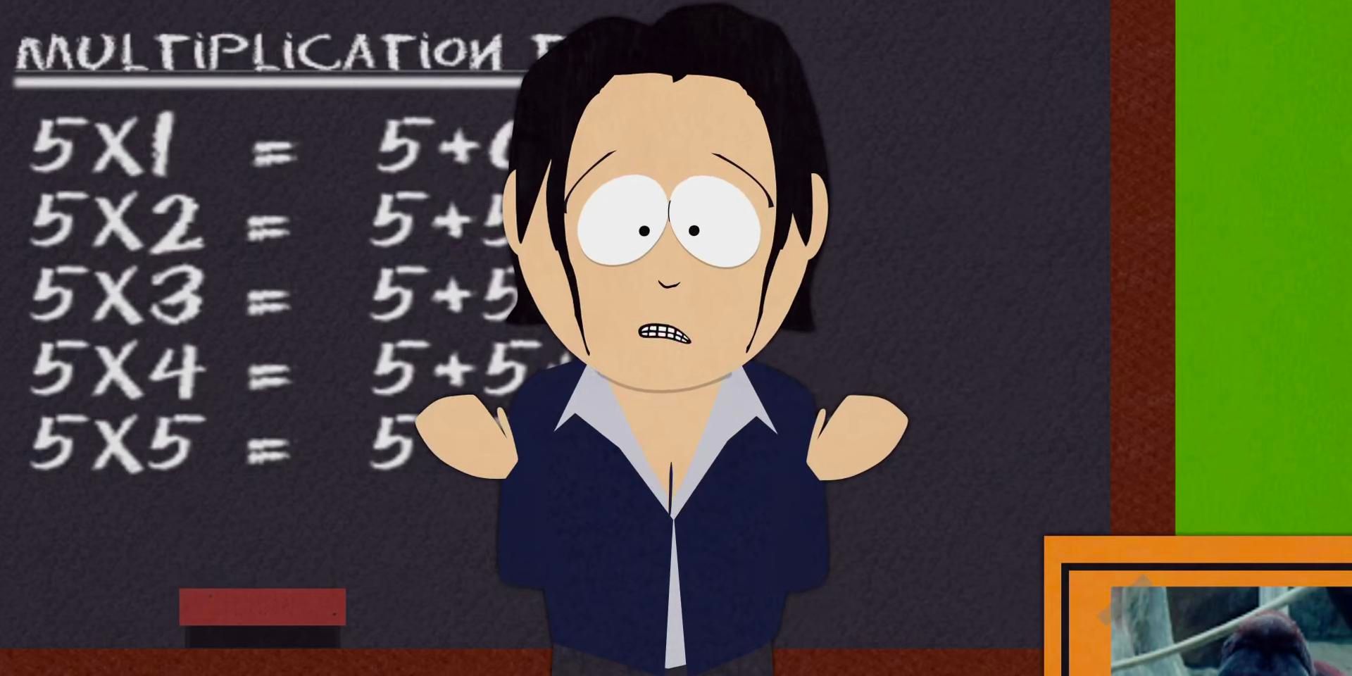 A South Park substitute teacher speaks to the class in front of a chalk board.