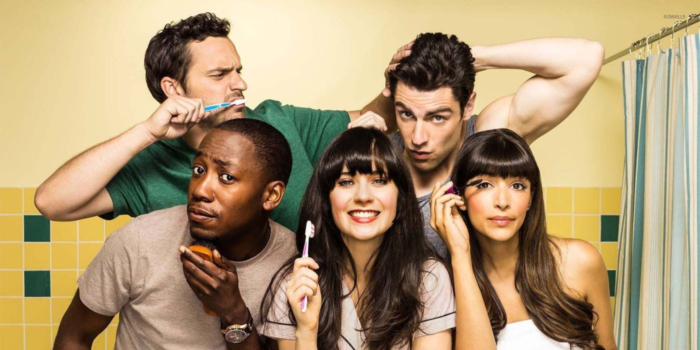The cast of New Girl brushing their teeth, doing their makeup, and fixing their hair in front of the mirror