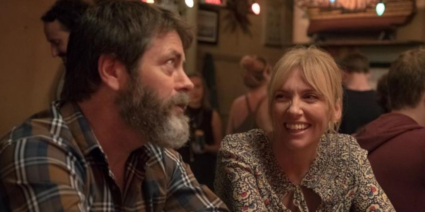 Frank and Leslie smiling at a restaurant in Hearts Beat Loud