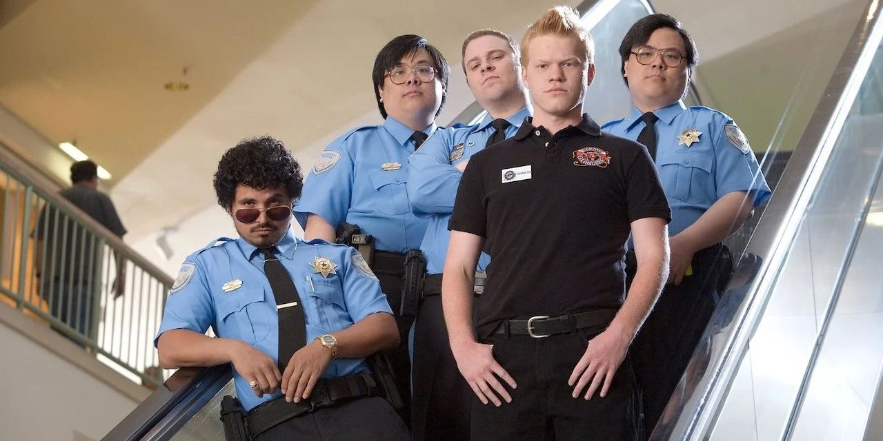 Seth Rogen, Michael Pena, Jesse Plemmons, Matthew Yuan, and John Yuan as mall security guards in Observe and Report