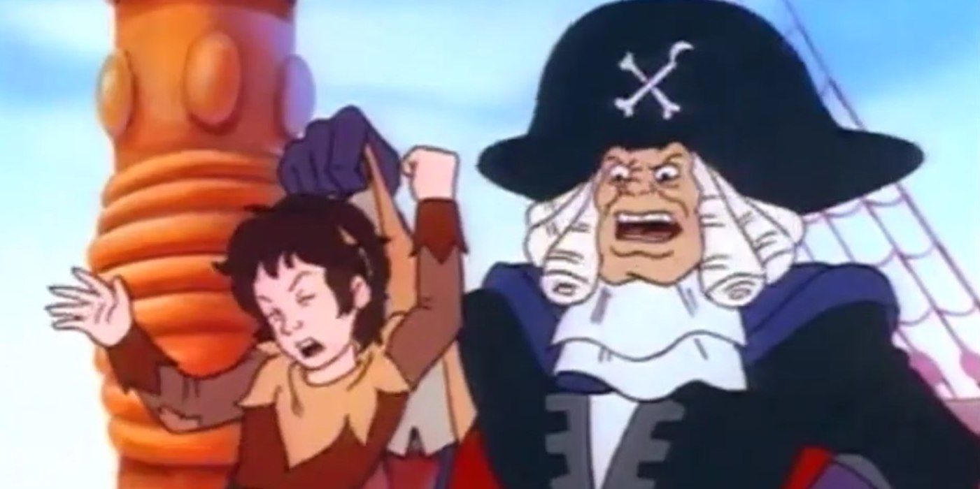 Captain Hook (voiced by Tim Curry) holds Peter Pan hostage on Fox's 'Peter Pan & The Pirates'