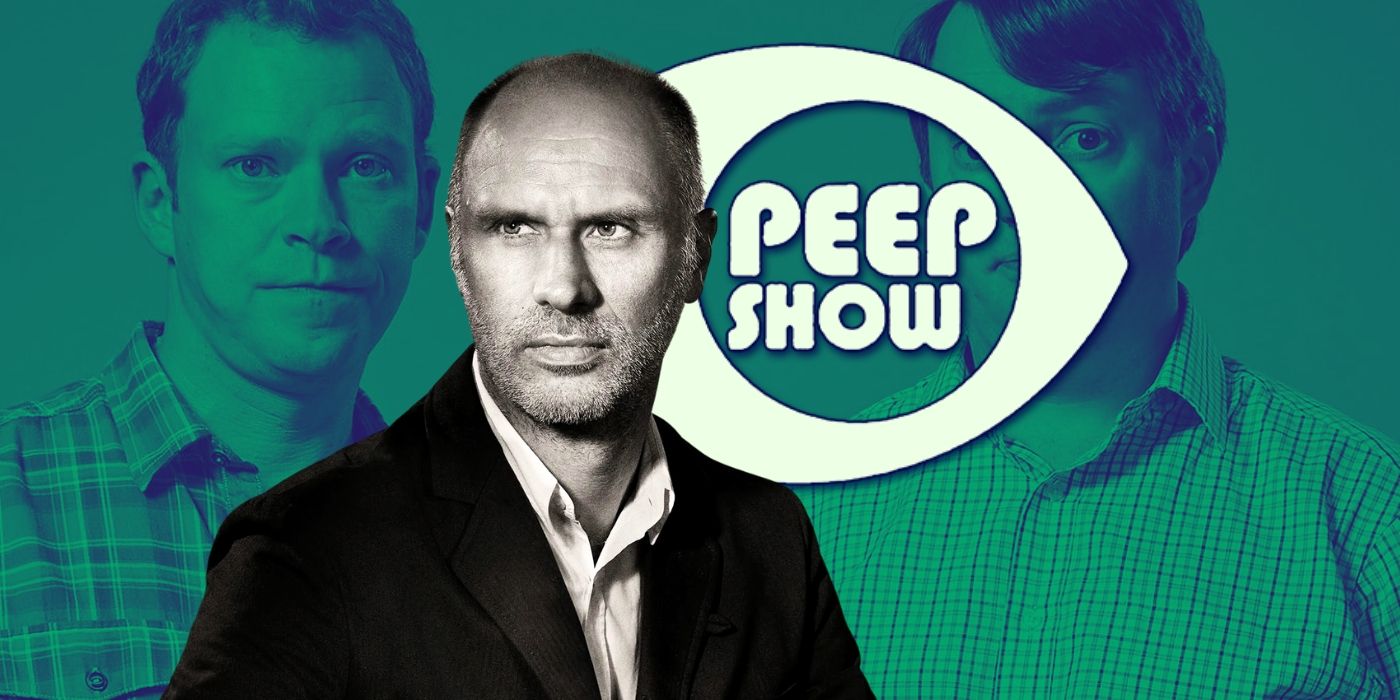 Jesse Armstrong in front of Peep Show logo with Robert Webb and David Mitchell