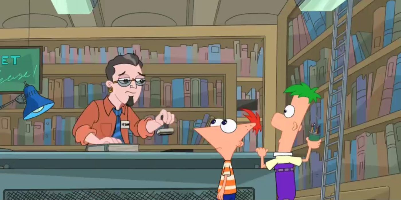 Phineas y Ferb hablando con Swampy en una biblioteca en Phineas y Ferb