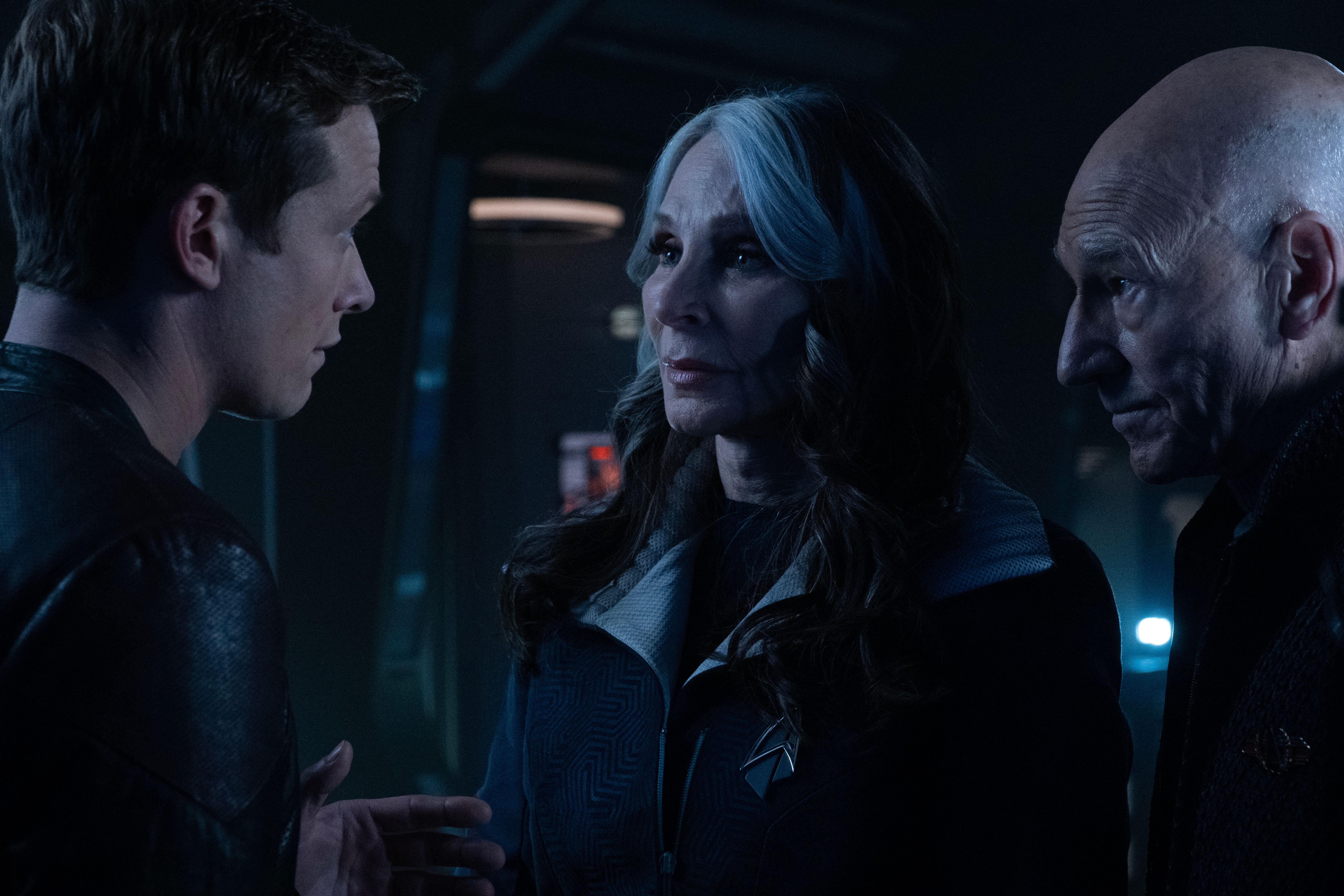 Ed Speleers as Jack Crusher Gates McFadden as Beverly Crusher and Patrick Stewart as Jean Luc Picard in Star Trek Picard Season 3 Episode 8