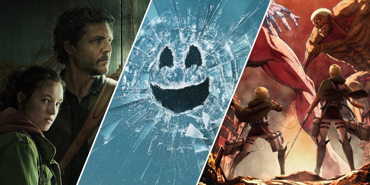 Posters for The Last of Us, Black Mirror, and Attack on Titan
