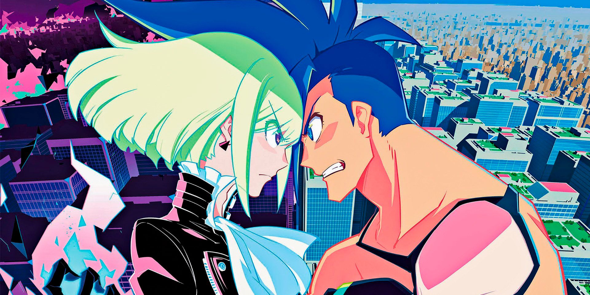 An image used for promotion for the film 'Promare', featuring lead characters Lio Fotia and Galo Thymos angrily staring at each other with different city backdrops behind both of them. 