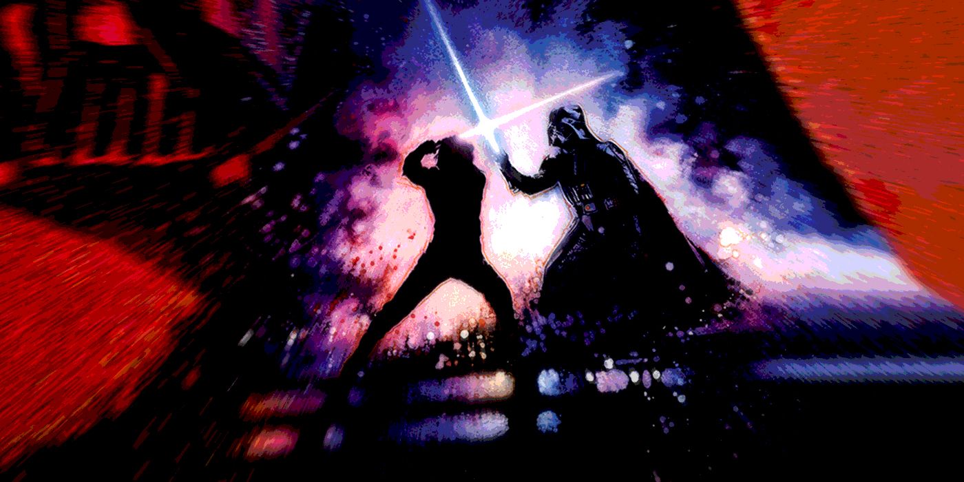 Luke and Vader's lightsabers clash in Return of the Jedi