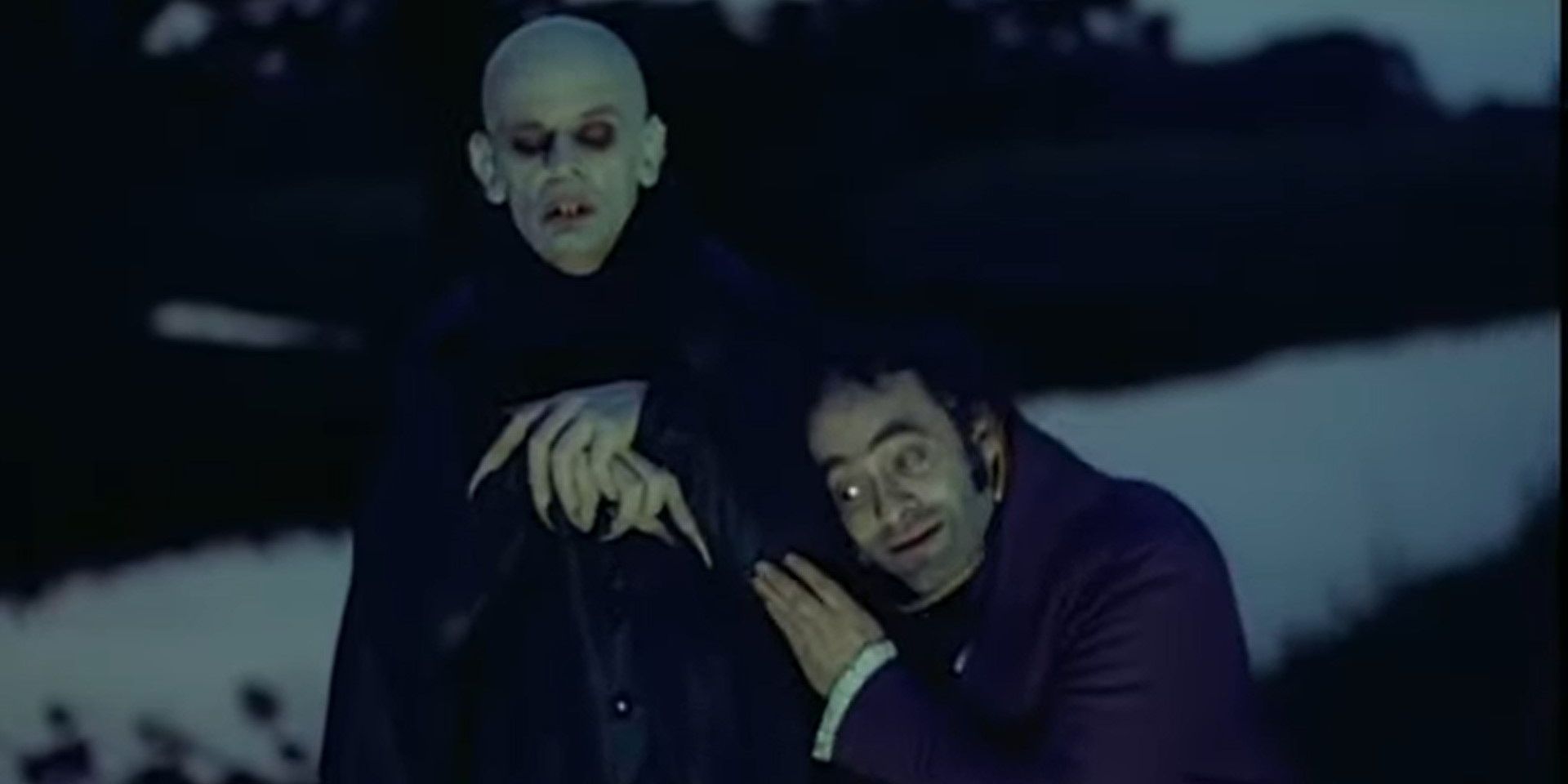 Renfield (played by Roland Topor) clutching the cloak of Nosferatu (played by Klaus Kinski) in Nosferatu the Vampyre (1979)
