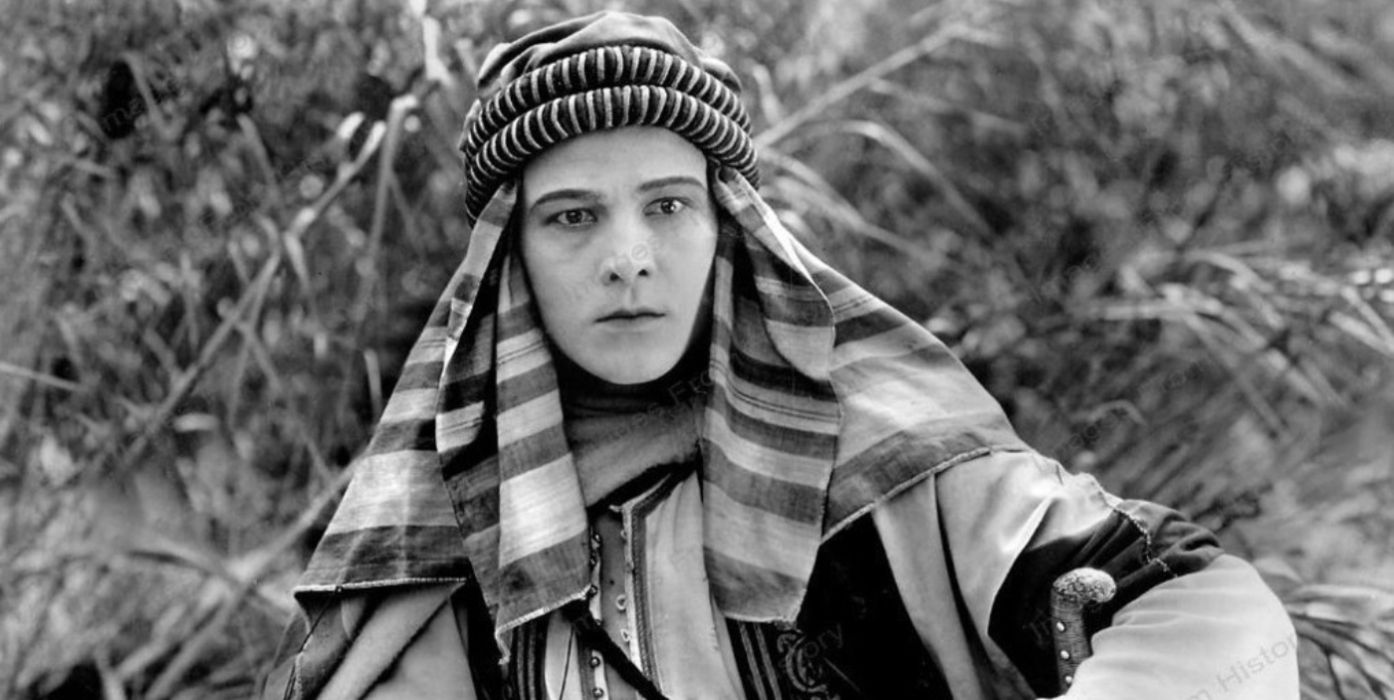 Rudolph Valentino as Sheik Ahmed Ben Hassan in The Sheik.