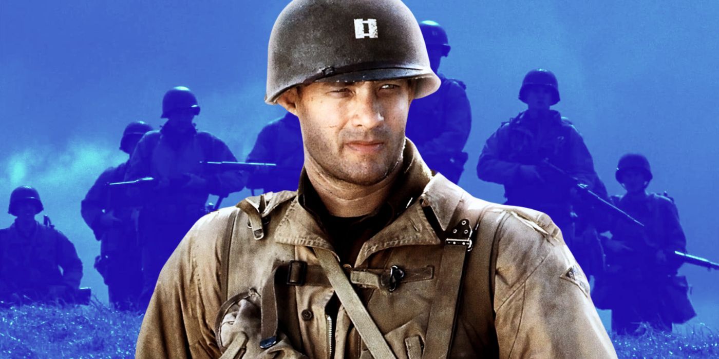 Tom Hanks from Saving Private Ryan over a background of soldiers from the movie